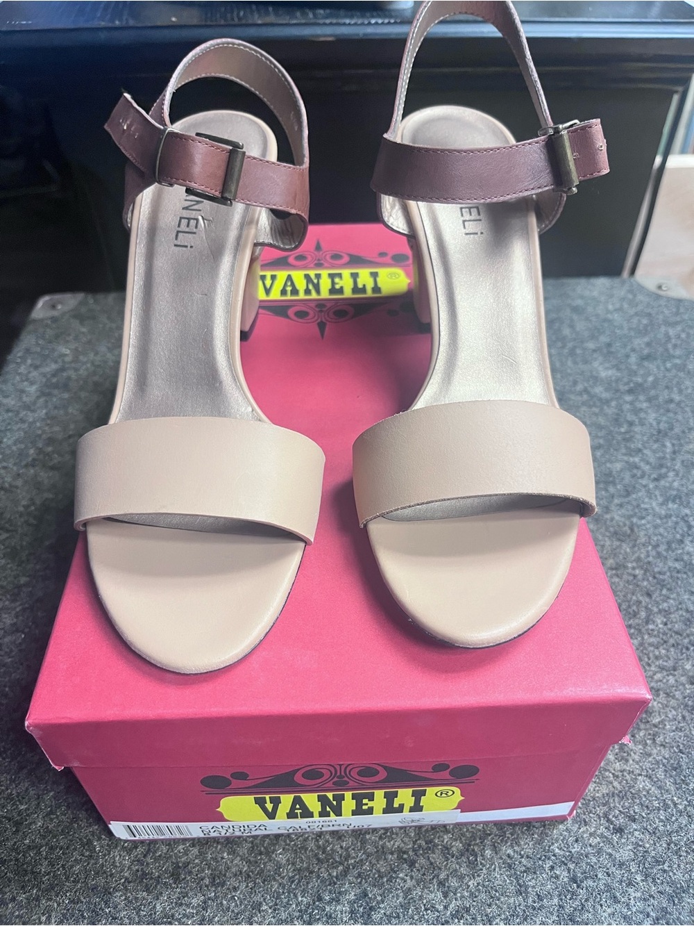 VANELI Beige Front & Brown Ankle-Strap Leather Heels